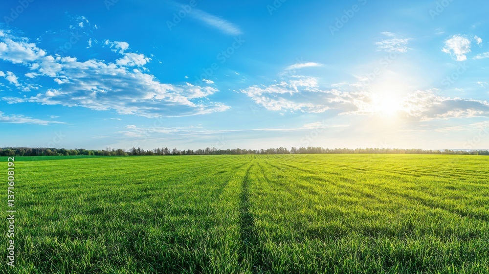 Beautiful natural scenic panorama green field of cut grass into and blue sky with clouds on horizon. Perfect green lawn on summer sunny day. Beautiful natural scenic panorama green field of cut grass into and blue sky with clouds on horizon. Perfect green lawn on summer sunny day.