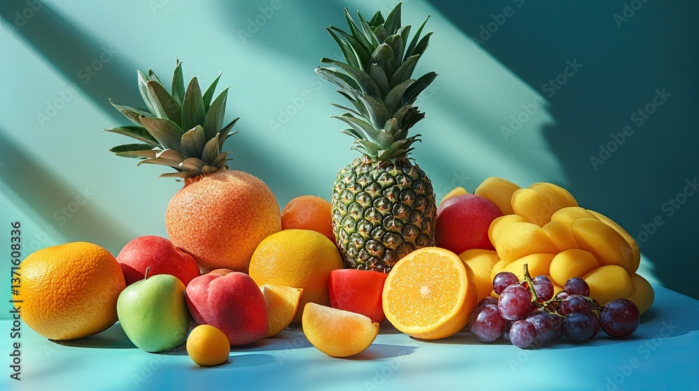 A colorful arrangement of various fruits set on a bright background, offering a vibrant display. A colorful arrangement of various fruits set on a bright background, offering a vibrant display.