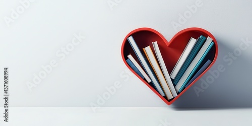 Heart-shaped bookshelf filled with books. Educational material and a love for reading concept.
