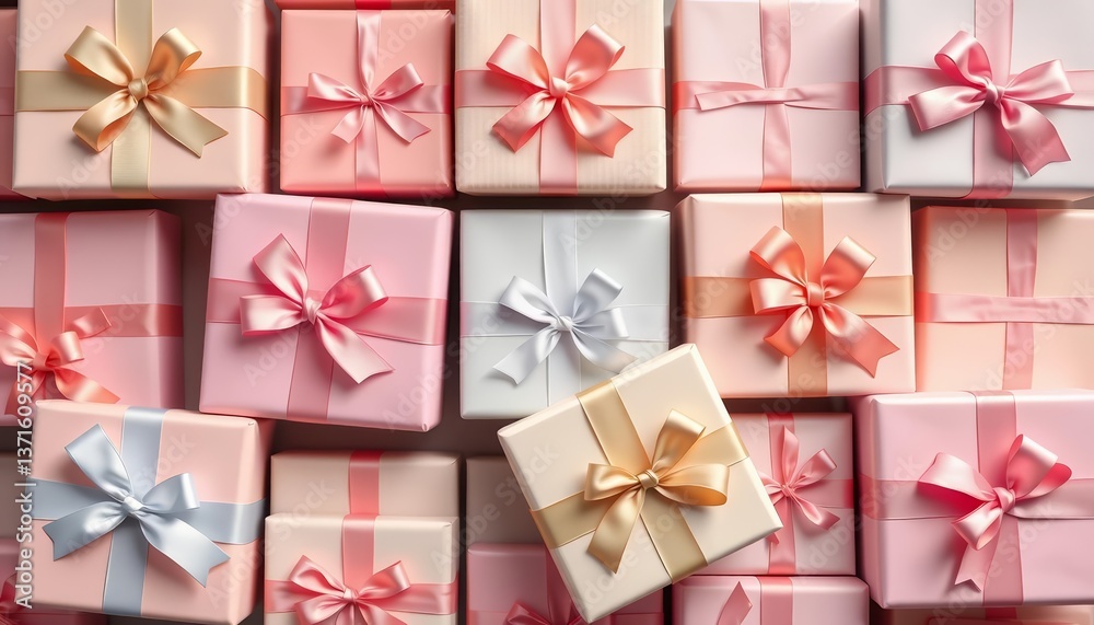 Pastel grid of elegantly wrapped gifts with bows, wrapped present, colorful bows Pastel grid of elegantly wrapped gifts with bows, wrapped present, colorful bows