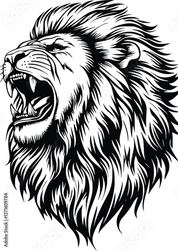 Black and White Vector Illustration of a Lion Head in Bold, Stylized Detail