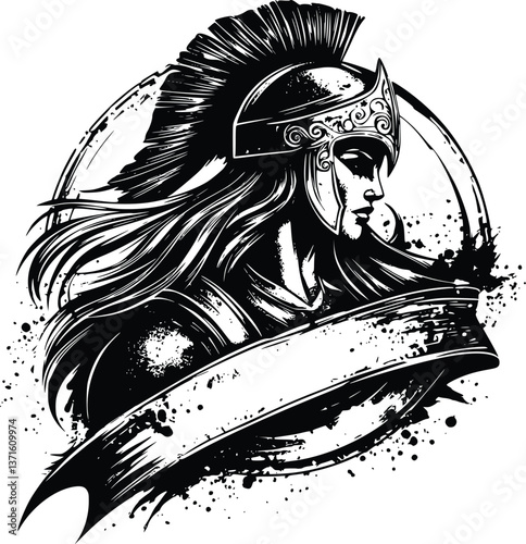 Black and White Vector of Athena, the Warrior Goddess, in Stoic Grunge Style, Side View with a Banner for Text