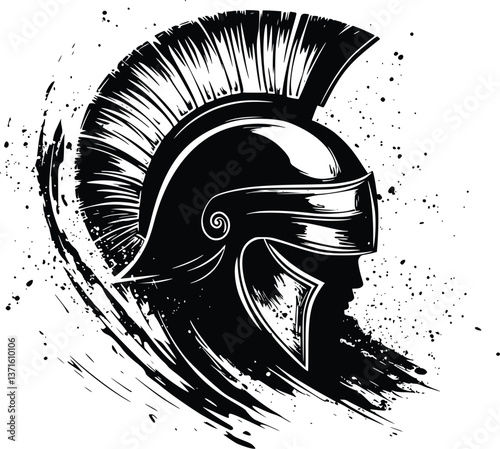 Vector Illustration of a Close-up of a Trojan Warrior's Head and Helmet in Grunge Style Circular Logo