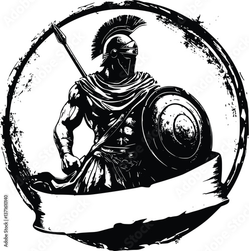 Vector Illustration of a Trojan Warrior in Stoic Grunge Style with a Black and White Banner for Text