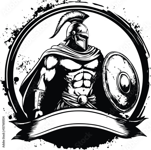 Trojan Warrior Vector Illustration in Stoic Grunge Style with Black and White Banner for Text