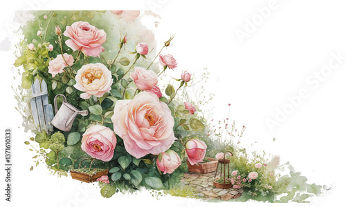 Watercolor Illustration of Romantic Garden Corner with Blooming Roses, Watering Can, Flower Pots and Lantern, Botanical Decor Concept