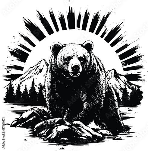 Black and White Vector Illustration of a Bear with Mountain Range and Blazing Sun Backdrop

Description: