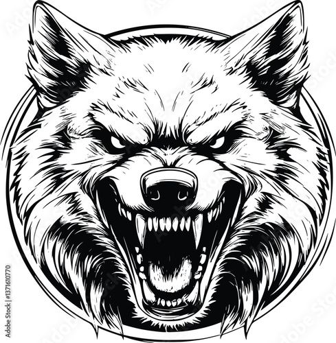 Angry Wolf in Black and White Grunge Style Vector Artwork within Circular Illustration