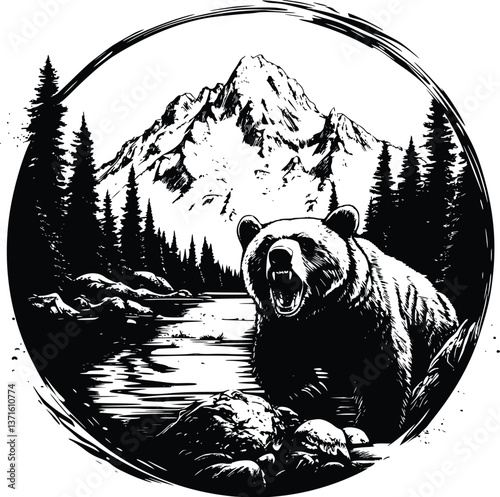 Black and White Grunge Circular Vector Logo of Bear by River with Mountain Backdrop