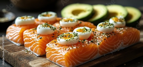 On wood, salmon eggs and avocado slices, ideal for keto and carnivore diets with healthy fats.
