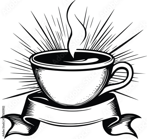 Black and White Vector Illustration of a Cup of Coffee with a Customizable Banner Below for Text