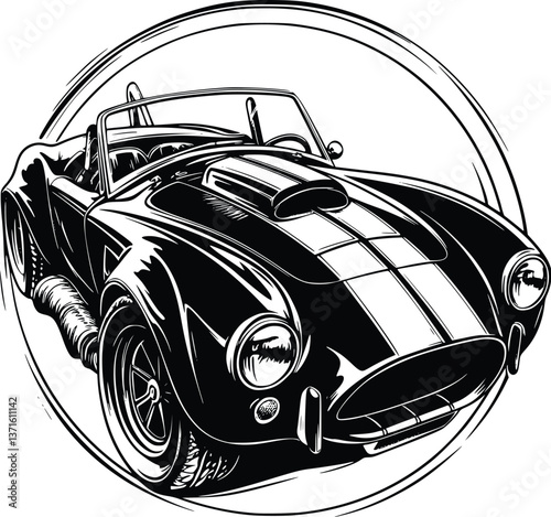 Black and White Vector Graphic of a Cobra 427 in a Circular Automotive Illustration
