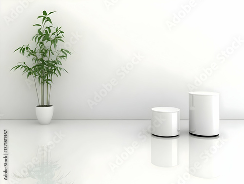 Minimalist White Interior Photo of Plant in Pot Cylinders And Reflections