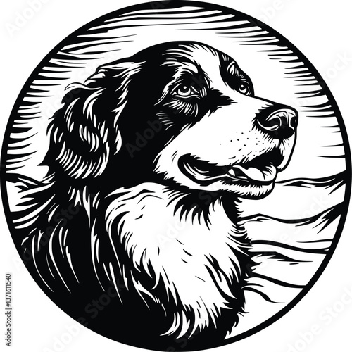 Bold Black and White Border Collie Grunge-Style Circular Vector Illustration