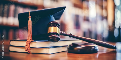 Photo Graduation Cap And Gavel On Books In Front Of Library Background