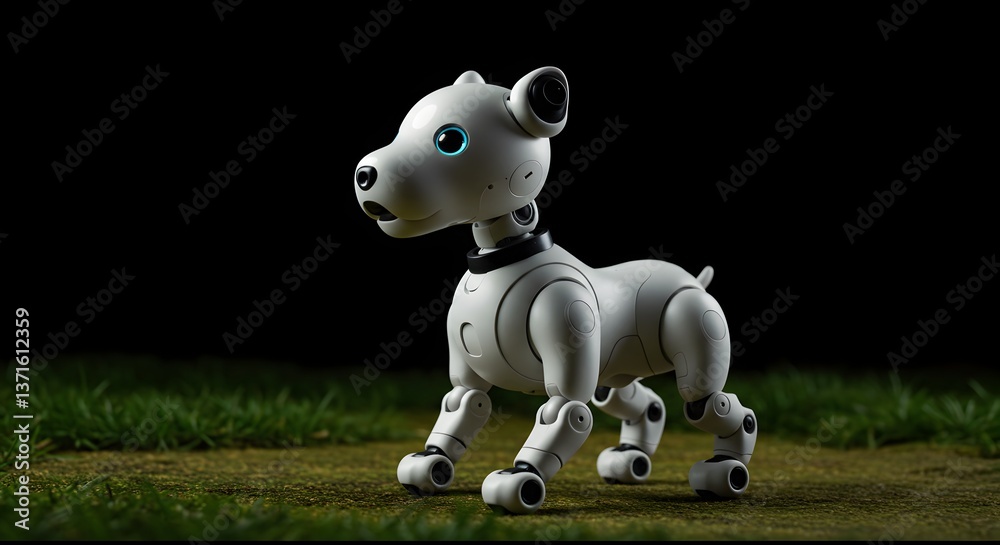 Naklejka premium Futuristic Companion: A Sleek Robot Dog Exploring the Outdoors with Artificial Eyes