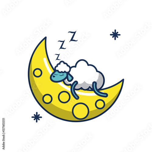 Vector image of a moon icon with a sleeping sheep on it with a white background