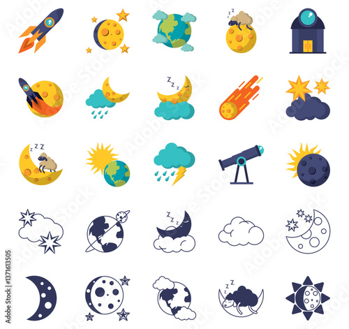 Set of moon vector icons with a white background