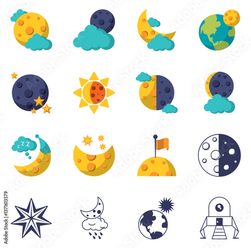 Set of moon vector icons with a white background