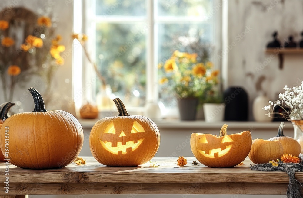 Fototapeta premium Halloween Decor with Carved Pumpkins and Natural Light in Cozy Interior