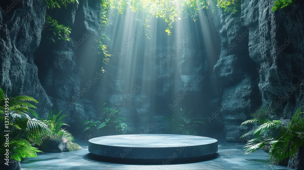Fototapeta premium Futuristic Black Podium in Mystical Cave with Ambient Lighting for Product Presentation and Advertisement