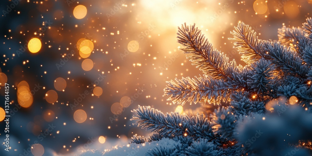 Fototapeta premium Winter Wonderland Scene with Frosted Pine Branches Sparkling Snow Warm Lights Merry Christmas and Happy New Year Card