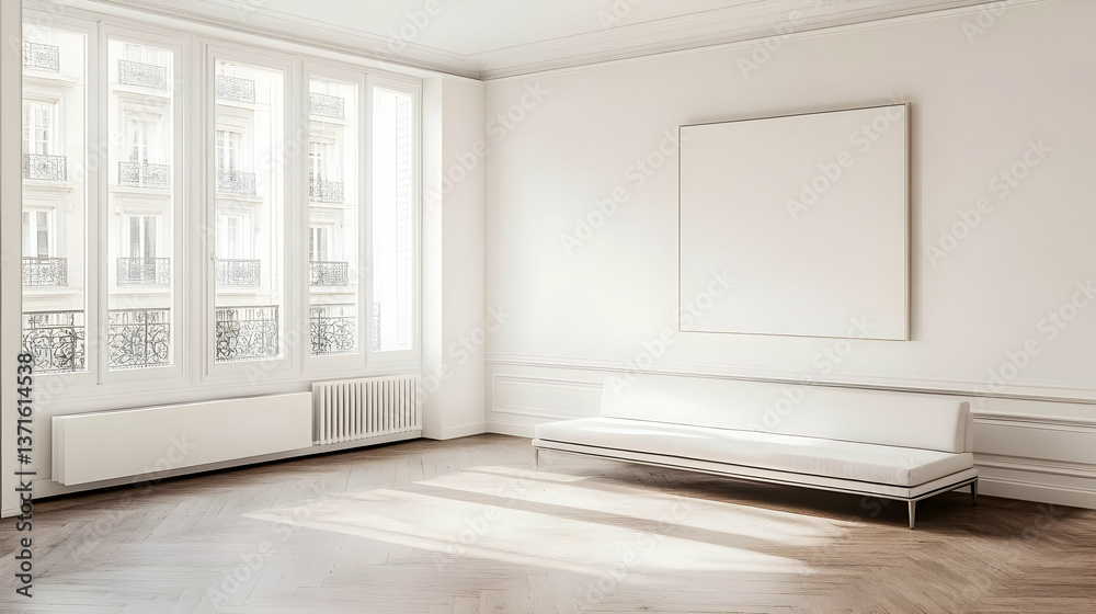 Fototapeta premium Photo Of A Bright White Interior Room With Sofa And Window Sunlight