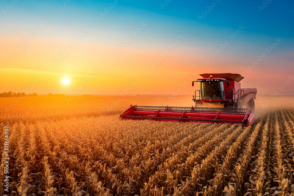 Obraz premium Photo of a Red Combine Harvesting Grain in a Golden Field at Sunset