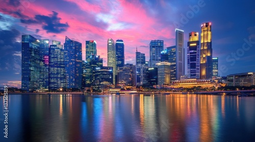 Cityscape of the Singapore financial district and business building.