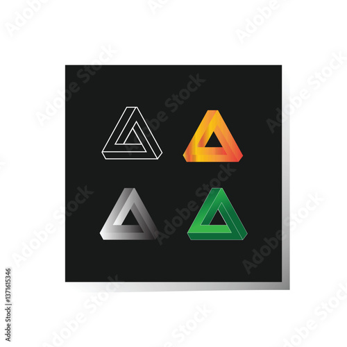 A set of four impossible triangle optical illusions presented in different color palettes. Four Variations of the Impossible Triangle Optical Illusion