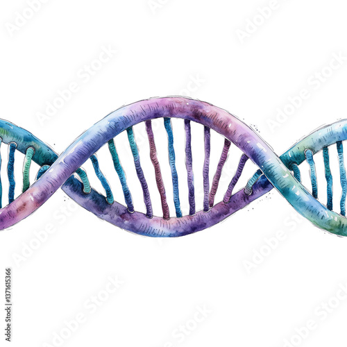 Watercolor Illustration of DNA Double Helix Structure in Blue and Purple Gradient, Science and Genetic Research Concept
