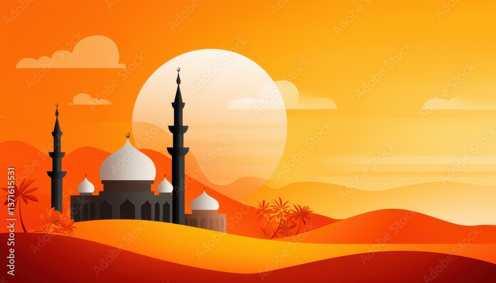Obraz premium Mosque silhouette at sunset with warm colors and desert landscape, evoking a sense of peace and spirituality.
