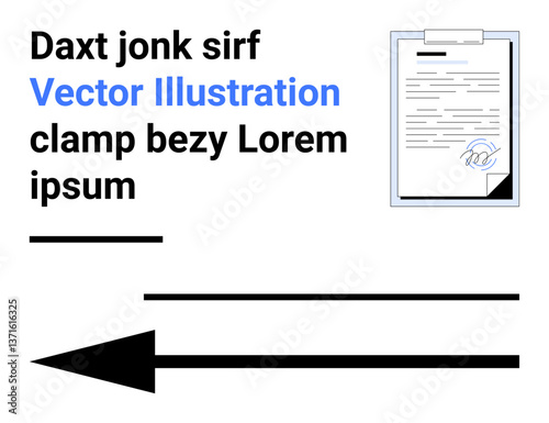Bold black arrow pointing right, document with clamp on clipboard, placeholder lorem ipsum text. Ideal for graphic design, documentation, direction, branding, education, prototypes simple landing