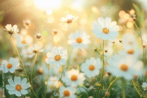 Chamomile Wildflower Meadow in Spring Sunshine for Beautiful Background Wallpaper