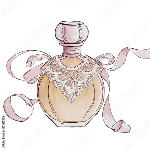 Watercolor Illustration of Elegant Perfume Bottle with Lace Ribbon and Vintage Style, Feminine Beauty and Fragrance Concept