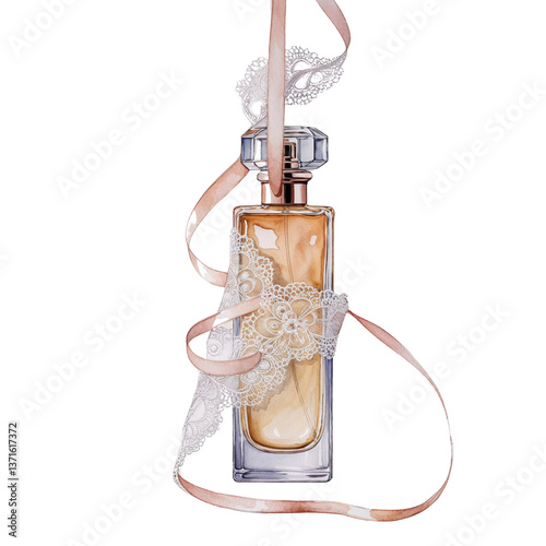 Watercolor Illustration of Hanging Perfume Bottle with Pink and White Lace Ribbons, Elegant Feminine Beauty Concept