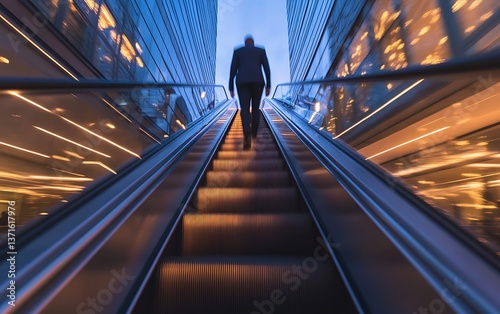 High-speed shot of executives ascending escalator in modern office, business professionals in motion, corporate office action --ar 16:10