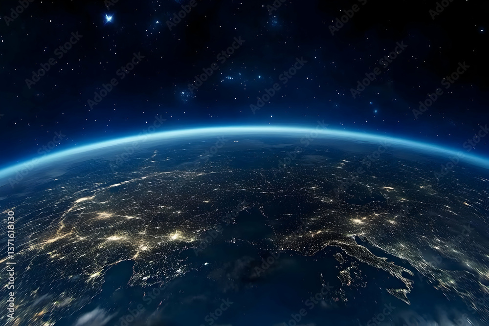 Fototapeta premium Photo Of Earth From Space Showing Nighttime City Lights And Stars