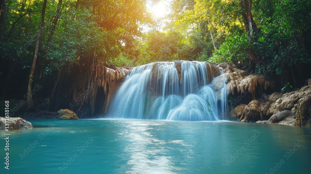 Obraz premium Erawan Waterfall in Thailand is locate in Kanchanaburi Provience. This waterfall is in Erawan national park.