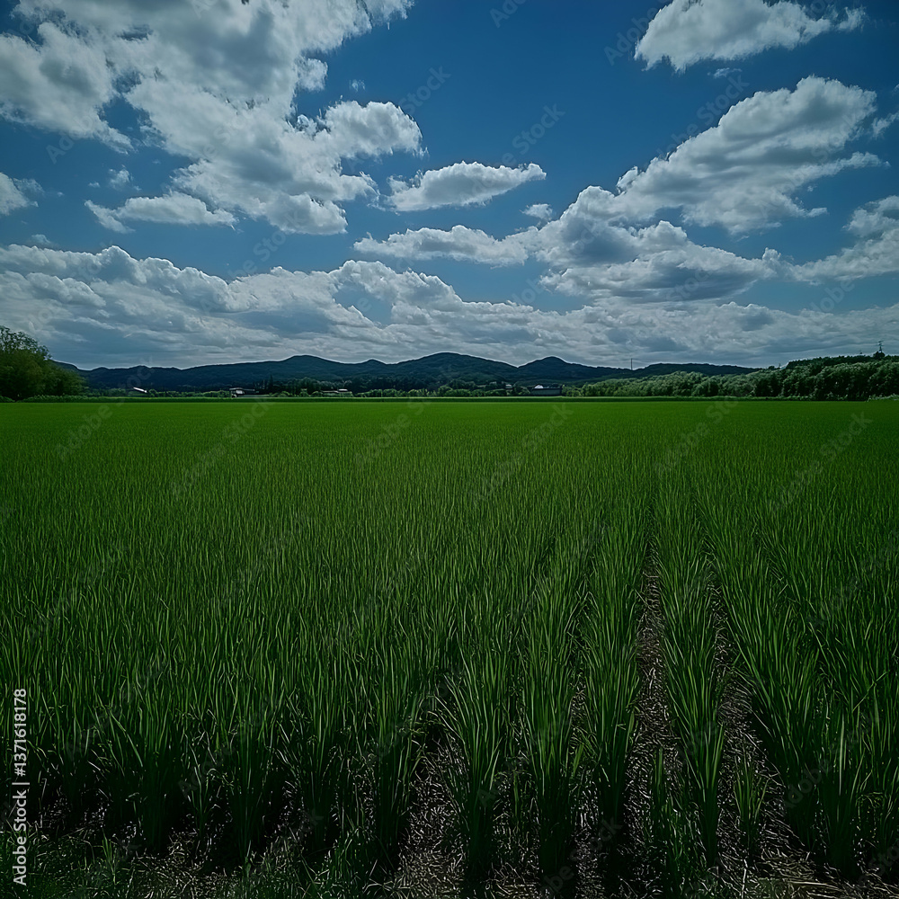 Photo of Lush Green Field Under a Bright Blue Sky with Fluffy White Photo of Lush Green Field Under a Bright Blue Sky with Fluffy White