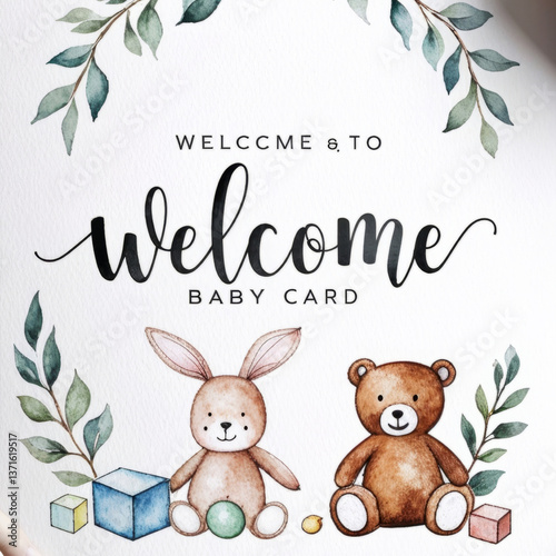 Watercolor Illustration of Kids Toys with Eucalyptus Wreath Frame, Including Giraffe, Tiger, Teddy Bear, and Wooden Camera for Nursery Decor