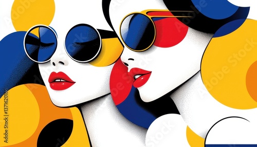 Abstract portrait of two women with sunglasses in bold, primary colors and geometric shapes.