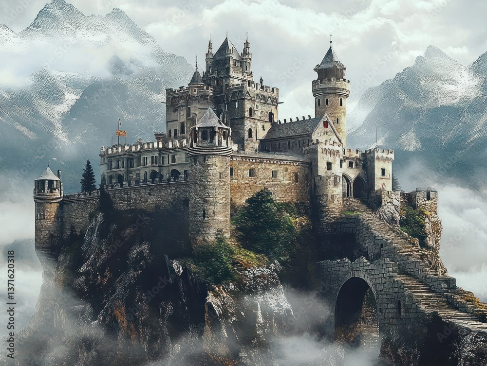 Fototapeta premium Mountain Landscape with Fantasy Castle Surrounded by Mist and Dramatic Skies