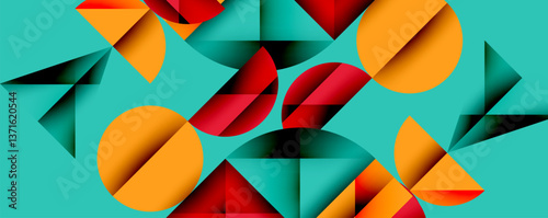 Abstract geometric background with layered gradient shapes forming dynamic patterns. Overlapping semi circles and triangles create depth and contrast