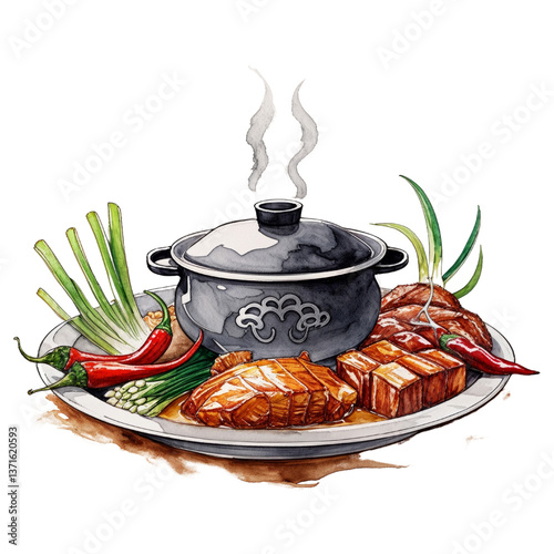Watercolor Illustration of Thai Spicy Chicken Soup Hot Pot with Grilled Chicken, Chili, and Fresh Herbs, Traditional Asian Cuisine