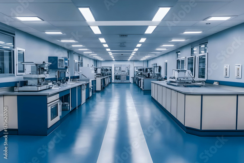 Photo of Modern Blue Laboratory Interior with Equipment and Bright Lights