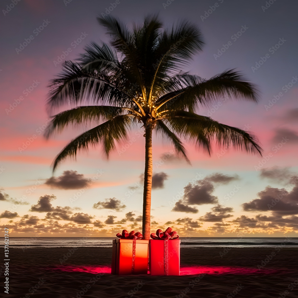 Obraz premium Photo of Palm Tree with Glowing Lights and Gift Boxes at Beach Sunset