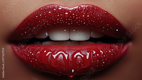 Red background red lipstick lips dripping, showing white teeth.