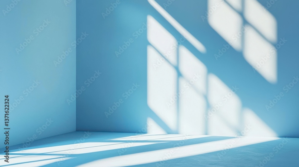 Obraz premium Light blue minimalistic background for product presentation with beautiful light and shadow on the wall and floor.