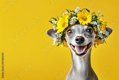 Professional studio image. Isolated blue background, copy space, ad visual idea. Cute baby dog english springer spaniel wearing feral flower crown on its head - symbol of sunny vacation time.
